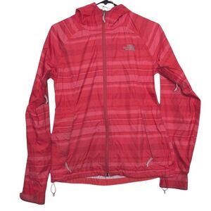 The North Face HyVent Rain Jacket Womens Small Pink Red Striped Hooded Gorpcore